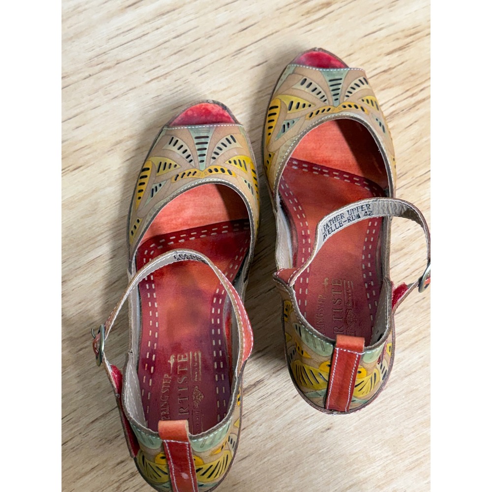 L'Artiste Spring Step Avelle Red Multi Leather Hand Painted‎ Sandals Heels 42 - Picture 4 of 7